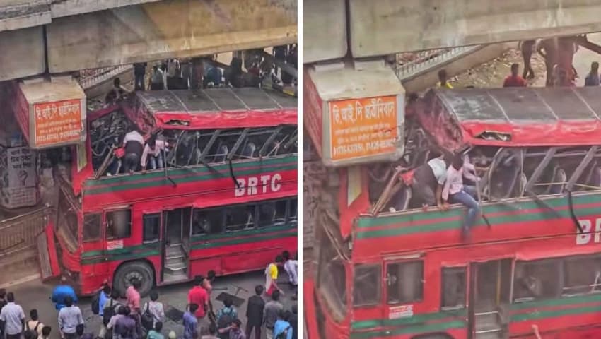 ফার্মগেটে এলিভেটেড এক্সপ্রেসওয়ের পিলারে বিআরটিসি দোতলা বাসের ধাক্কা